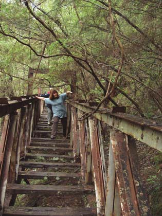 07-Helen clambers across the dilapidated bridge to view the Coopers Creek mine